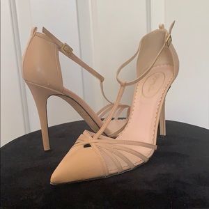 SJP Nude Pointed Toe Leather T-Strap Pump